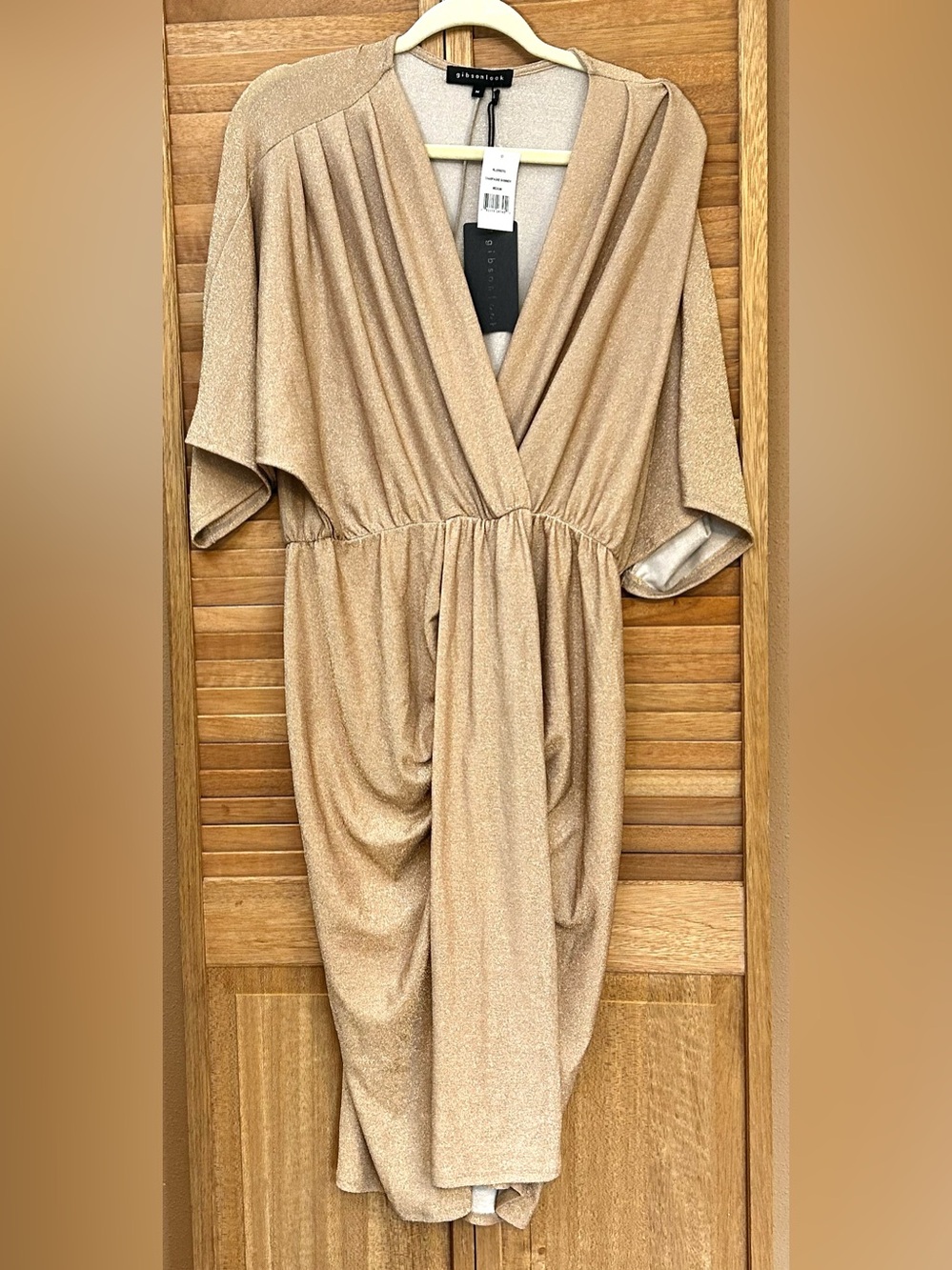Gibsonlook champagne shimmer faux wrap party dress womens size medium NWT